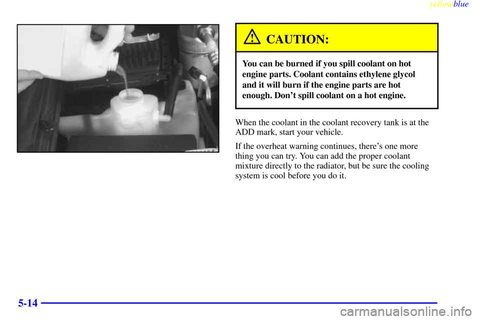CHEVROLET BLAZER 1999 2.G Owners Manual yellowblue     
5-14
CAUTION:
You can be burned if you spill coolant on hot
engine parts. Coolant contains ethylene glycol
and it will burn if the engine parts are hot
enough. Dont spill coolant on a