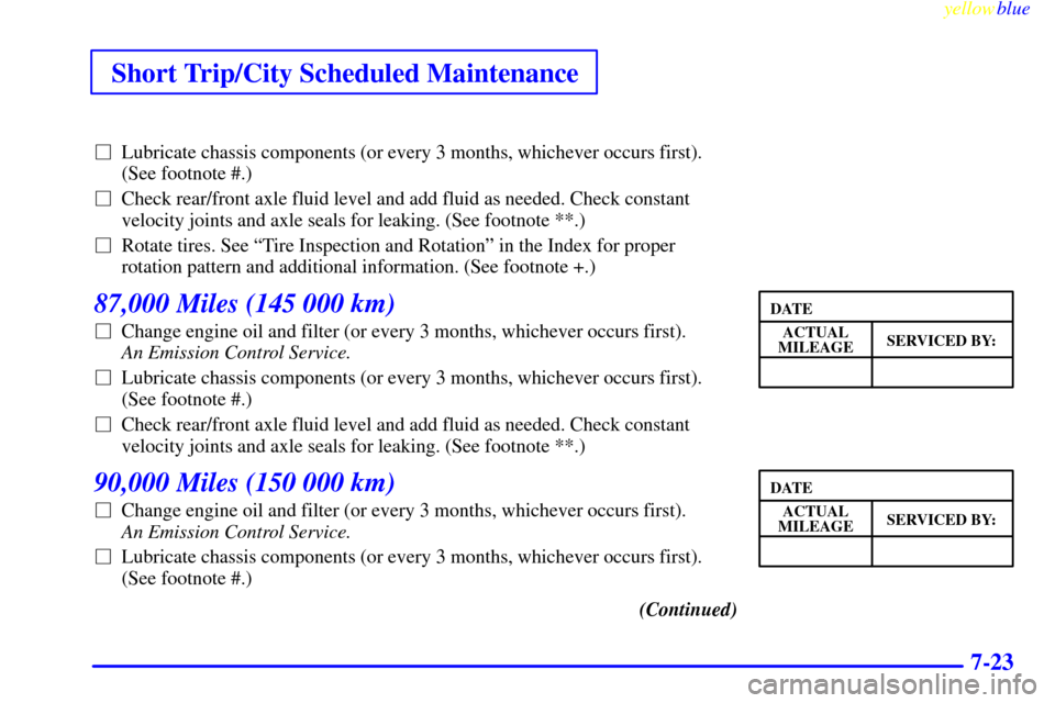 CHEVROLET BLAZER 1999 2.G Owners Manual Short Trip/City Scheduled Maintenance
yellowblue     
7-23
Lubricate chassis components (or every 3 months, whichever occurs first).
(See footnote #.)
Check rear/front axle fluid level and add fluid