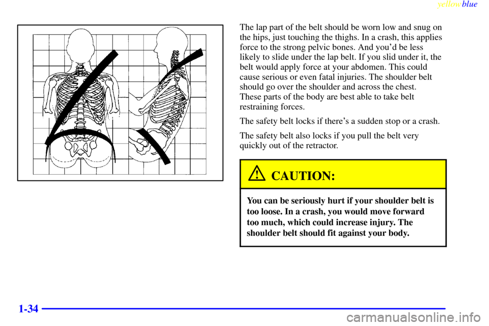 CHEVROLET BLAZER 1999 2.G Owners Guide yellowblue     
1-34
The lap part of the belt should be worn low and snug on
the hips, just touching the thighs. In a crash, this applies
force to the strong pelvic bones. And youd be less
likely to 