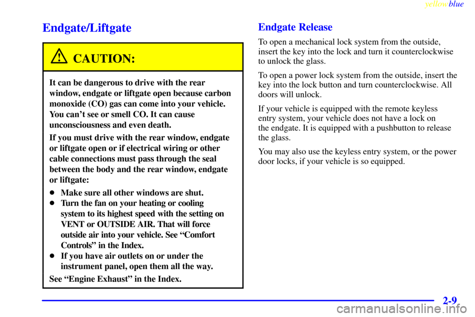 CHEVROLET BLAZER 1999 2.G Manual PDF yellowblue     
2-9
Endgate/Liftgate
CAUTION:
It can be dangerous to drive with the rear
window, endgate or liftgate open because carbon
monoxide (CO) gas can come into your vehicle.
You cant see or 