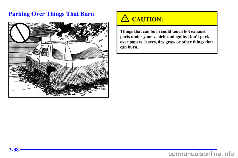 CHEVROLET BLAZER 2000 2.G Owners Manual 2-38
Parking Over Things That Burn
CAUTION:
Things that can burn could touch hot exhaust
parts under your vehicle and ignite. Dont park
over papers, leaves, dry grass or other things that
can burn. 