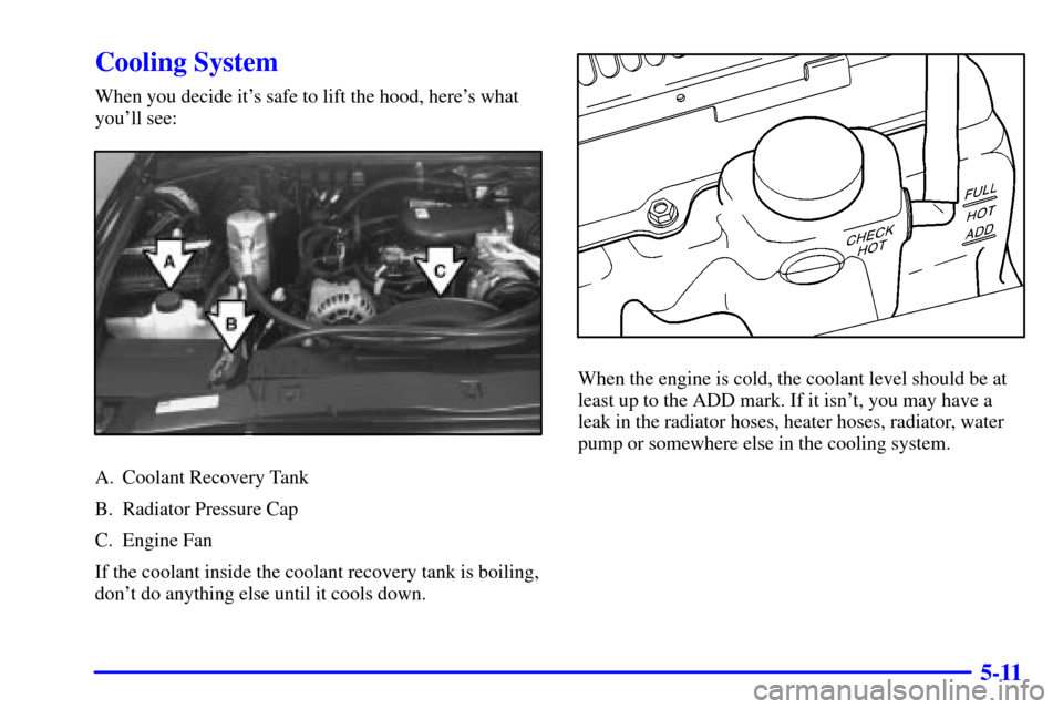CHEVROLET BLAZER 2000 2.G Owners Manual 5-11
Cooling System
When you decide its safe to lift the hood, heres what
youll see:
A. Coolant Recovery Tank
B. Radiator Pressure Cap
C. Engine Fan
If the coolant inside the coolant recovery tank 