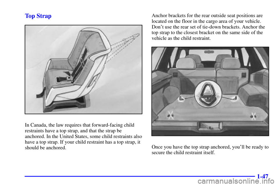 CHEVROLET BLAZER 2000 2.G Workshop Manual 1-47 Top Strap
In Canada, the law requires that forward-facing child
restraints have a top strap, and that the strap be
anchored. In the United States, some child restraints also
have a top strap. If CHEVROLET BLAZER 2000 2.G Workshop Manual 1-47 Top Strap
In Canada, the law requires that forward-facing child
restraints have a top strap, and that the strap be
anchored. In the United States, some child restraints also
have a top strap. If