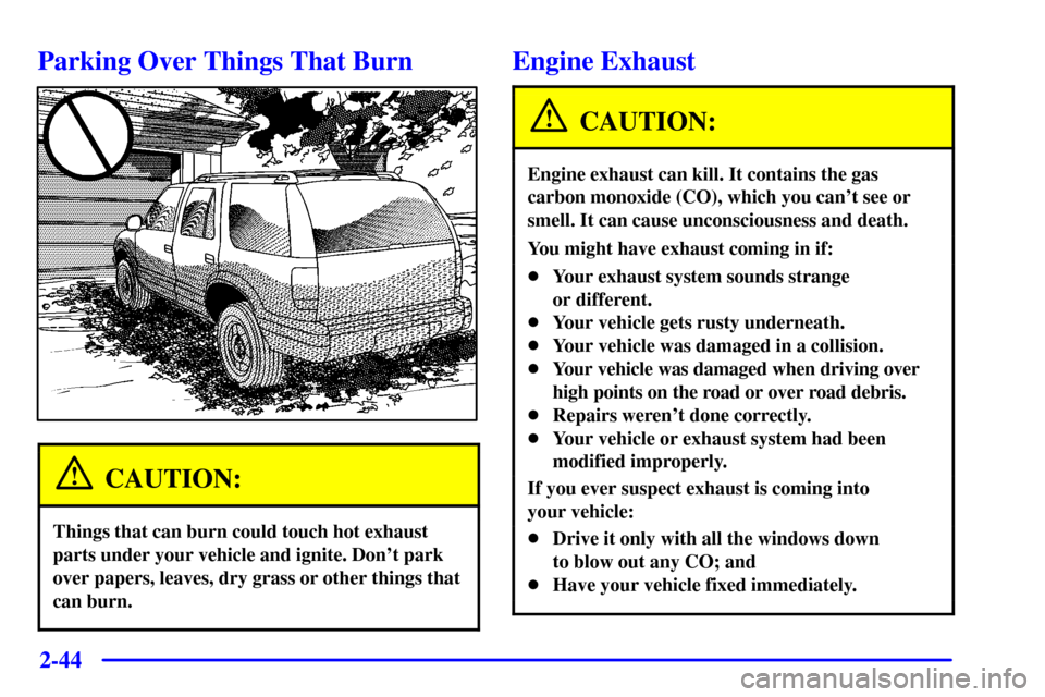 CHEVROLET BLAZER 2001 2.G Owners Manual 2-44
Parking Over Things That Burn
CAUTION:
Things that can burn could touch hot exhaust
parts under your vehicle and ignite. Dont park
over papers, leaves, dry grass or other things that
can burn.
E