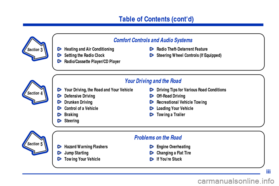 CHEVROLET BLAZER 2001 2.G Owners Manual Comfort Controls and Audio Systems
Your Driving and the Road
Table of Contents (contd)
Your Driving, the Road and Your Vehicle
Defensive Driving
Drunken Driving
Control of a Vehicle
Braking
SteeringD