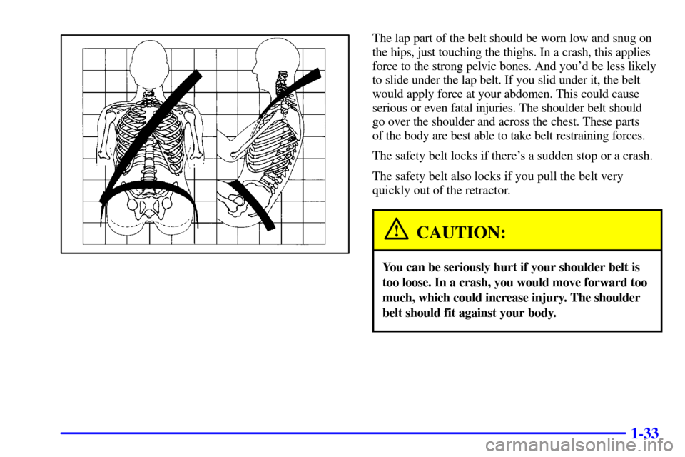 CHEVROLET BLAZER 2001 2.G Service Manual 1-33
The lap part of the belt should be worn low and snug on
the hips, just touching the thighs. In a crash, this applies
force to the strong pelvic bones. And youd be less likely
to slide under the 