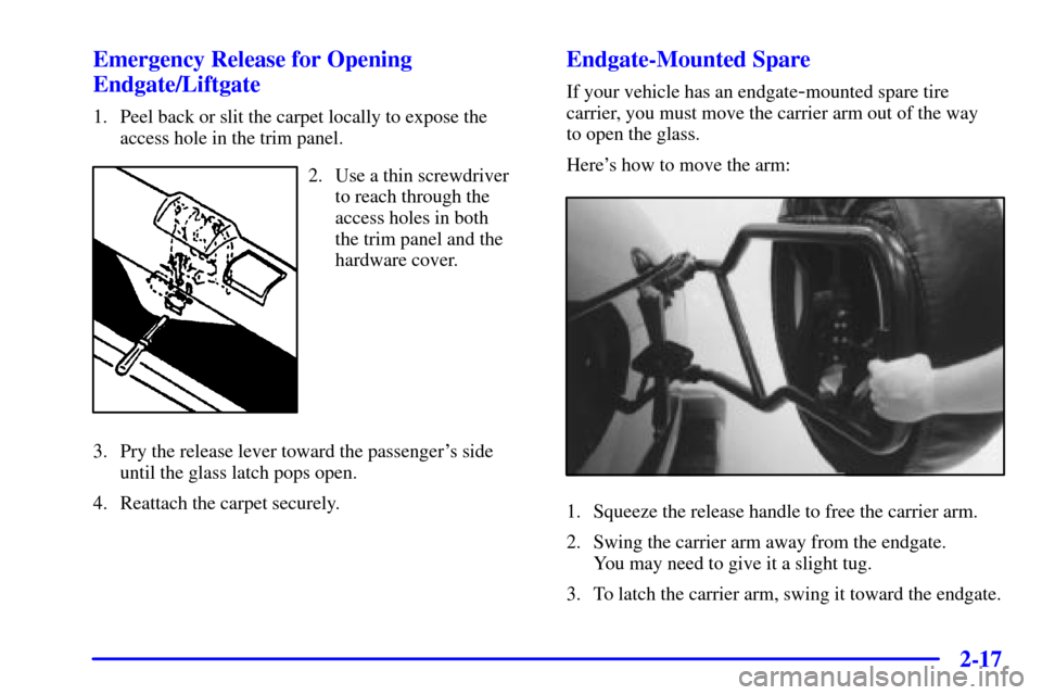 CHEVROLET BLAZER 2001 2.G Owners Manual 2-17
Emergency Release for Opening
Endgate/Liftgate
1. Peel back or slit the carpet locally to expose the
access hole in the trim panel.
2. Use a thin screwdriver
to reach through the
access holes in 