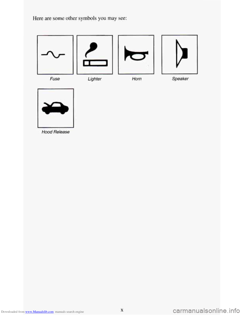 CHEVROLET BLAZER 1994 2.G User Guide Downloaded from www.Manualslib.com manuals search engine Here are some other symbols you may see: 
t 
-1 
Fuse  Lighter 
i 
Horn Speaker 
Hood Release 
X   
