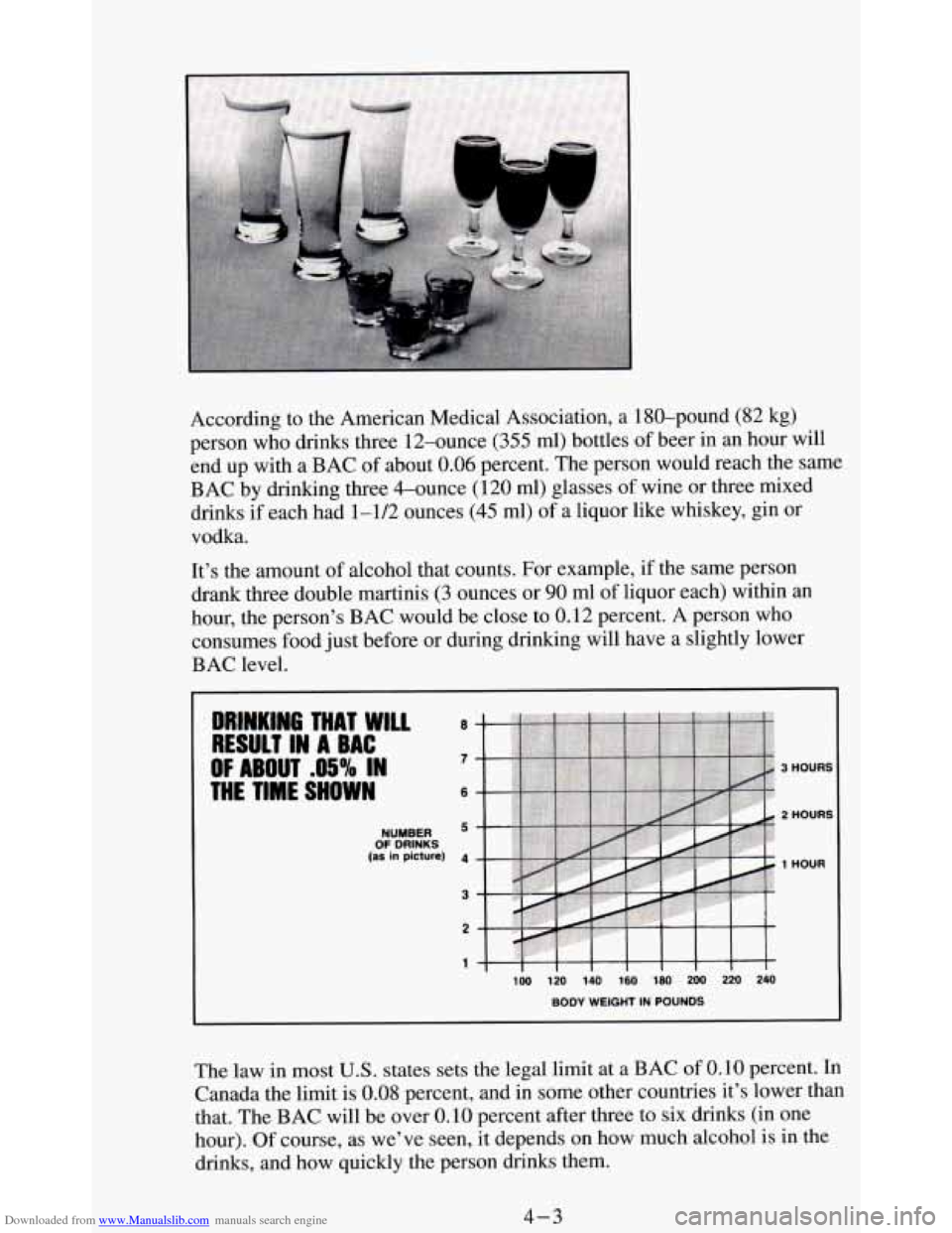 CHEVROLET BLAZER 1994 2.G Owners Manual Downloaded from www.Manualslib.com manuals search engine According to the American Medical Association, a 180-pound (82 kg)
person who drinks three 12-ounce
(355 ml) bottles of beer in an hour CHEVROLET BLAZER 1994 2.G Owners Manual Downloaded from www.Manualslib.com manuals search engine According to the American Medical Association, a 180-pound (82 kg)
person who drinks three 12-ounce
(355 ml) bottles of beer in an hour