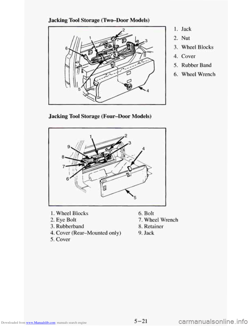 CHEVROLET BLAZER 1994 2.G Owners Manual Downloaded from www.Manualslib.com manuals search engine Jacking Tool Storage  (Two-Door  Models) 
Jacking  Tool Storage  (Four-Door  Models) 
I 
1. Wheel  Blocks 6. Bolt 
2. Eye Bolt 
3. Rubberband 
