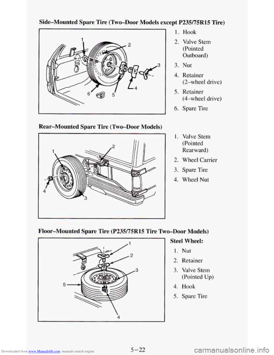 CHEVROLET BLAZER 1994 2.G Owners Manual Downloaded from www.Manualslib.com manuals search engine Side-Mounted  Spare  Tire  (Two-Door  Models  except  P235/75R15  Tire)\
 
1 
3 
Rear-Mounted  Spare  Tire  (Two-Door  Models) 
1. Hook 
2.  Va