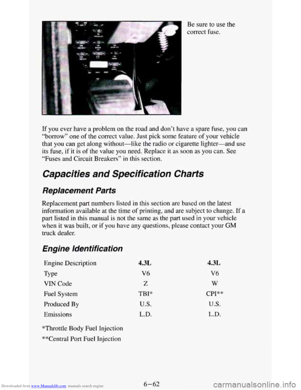 CHEVROLET BLAZER 1994 2.G Owners Manual Downloaded from www.Manualslib.com manuals search engine Be sure to use the
correct fuse.
If you ever have a problem on the road and don’t have a spare fuse, you can
“borrow”
one CHEVROLET BLAZER 1994 2.G Owners Manual Downloaded from www.Manualslib.com manuals search engine Be sure to use the
correct fuse.
If you ever have a problem on the road and don’t have a spare fuse, you can
“borrow”
one