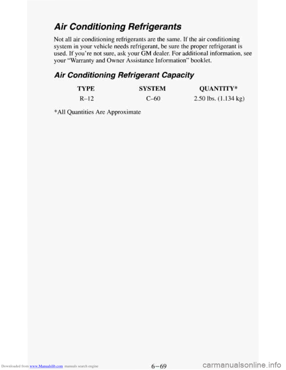 CHEVROLET BLAZER 1994 2.G Owners Manual Downloaded from www.Manualslib.com manuals search engine Air Conditioning Refrigerants
Not all air conditioning refrigerants are the same. If the air conditioning
system in your vehicle nee CHEVROLET BLAZER 1994 2.G Owners Manual Downloaded from www.Manualslib.com manuals search engine Air Conditioning Refrigerants
Not all air conditioning refrigerants are the same. If the air conditioning
system in your vehicle nee