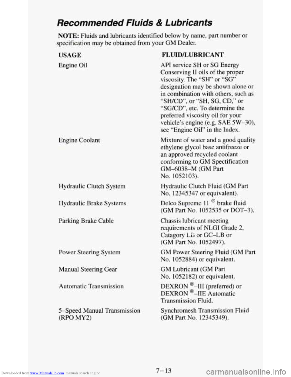 CHEVROLET BLAZER 1994 2.G Owners Manual Downloaded from www.Manualslib.com manuals search engine Recommended Fluids & Lubricants
NOTE: Fluids and lubricants identified below by name, part number or
specification may be obtained from yo CHEVROLET BLAZER 1994 2.G Owners Manual Downloaded from www.Manualslib.com manuals search engine Recommended Fluids & Lubricants
NOTE: Fluids and lubricants identified below by name, part number or
specification may be obtained from yo
