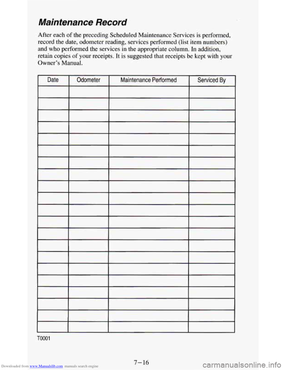 CHEVROLET BLAZER 1994 2.G Owners Manual Downloaded from www.Manualslib.com manuals search engine Maintenance Record
After each of the preceding Scheduled Maintenance Services is performed,
record the date, odometer reading, services CHEVROLET BLAZER 1994 2.G Owners Manual Downloaded from www.Manualslib.com manuals search engine Maintenance Record
After each of the preceding Scheduled Maintenance Services is performed,
record the date, odometer reading, services