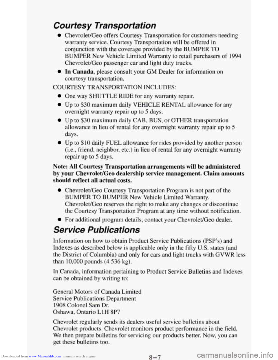 CHEVROLET BLAZER 1994 2.G Owners Manual Downloaded from www.Manualslib.com manuals search engine Courtesy  Transportation 
Chevrolet/Geo offers Courtesy Transportation for customers  needing 
warranty  service. Courtesy  Transportation  wil