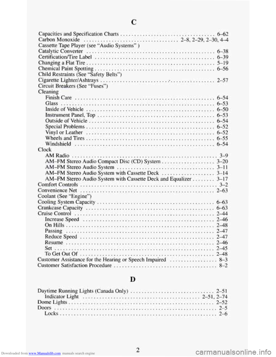 CHEVROLET BLAZER 1994 2.G Owners Manual Downloaded from www.Manualslib.com manuals search engine C 
Capacities and  Specification  Charts .................................. 6-62 
Carbon  Monoxide 
.................................. 2.8.2.29