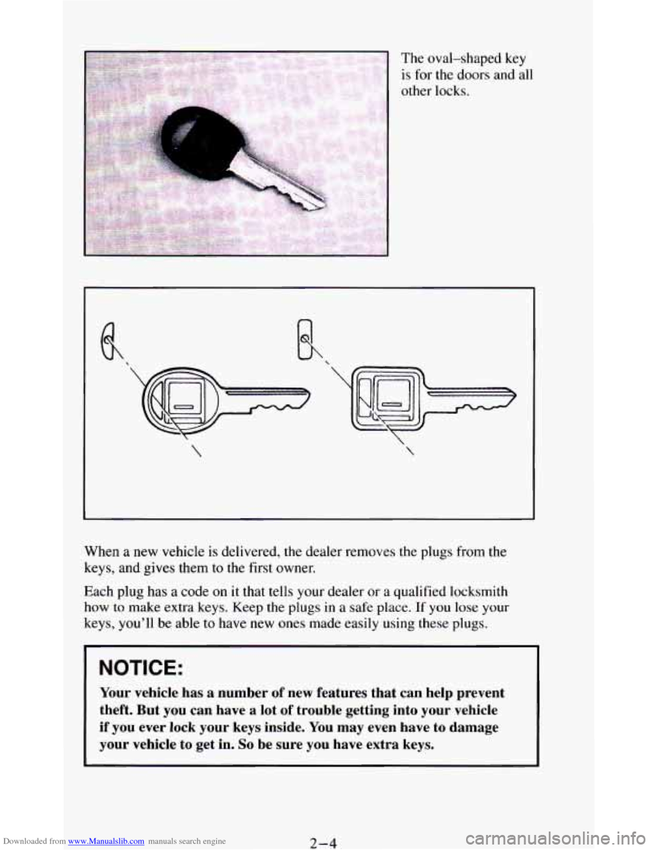 CHEVROLET BLAZER 1994 2.G Workshop Manual Downloaded from www.Manualslib.com manuals search engine The oval-shaped key
is for the doors and all
other locks.
When
a new vehicle is delivered, the dealer removes the plugs from the CHEVROLET BLAZER 1994 2.G Workshop Manual Downloaded from www.Manualslib.com manuals search engine The oval-shaped key
is for the doors and all
other locks.
When
a new vehicle is delivered, the dealer removes the plugs from the