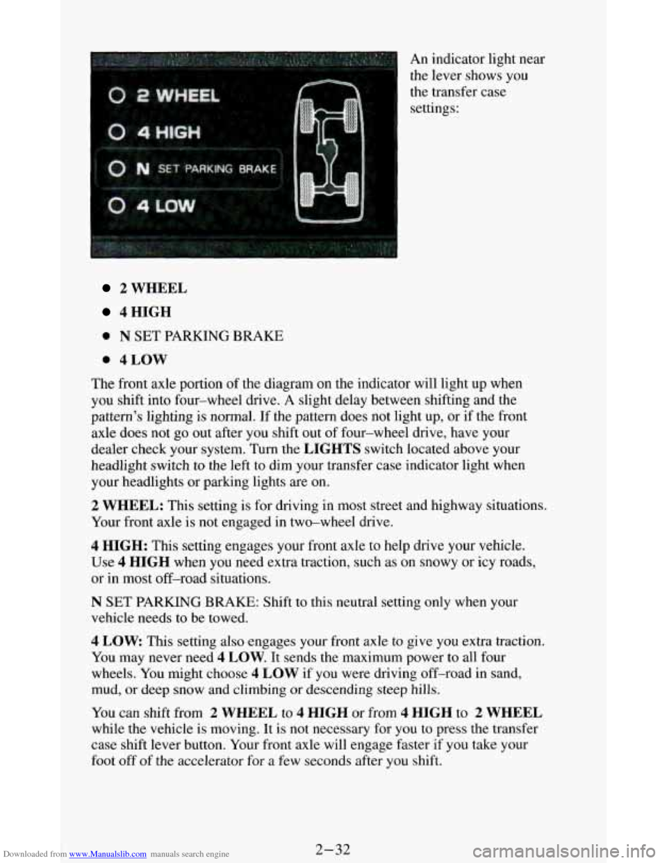 CHEVROLET BLAZER 1994 2.G Manual Online Downloaded from www.Manualslib.com manuals search engine An indicator light near
the lever shows you
the transfer case
settings:
2 WHEEL
4HIGH
0 N SET PARKING BRAKE
0 4LOW
The front ax CHEVROLET BLAZER 1994 2.G Manual Online Downloaded from www.Manualslib.com manuals search engine An indicator light near
the lever shows you
the transfer case
settings:
2 WHEEL
4HIGH
0 N SET PARKING BRAKE
0 4LOW
The front ax