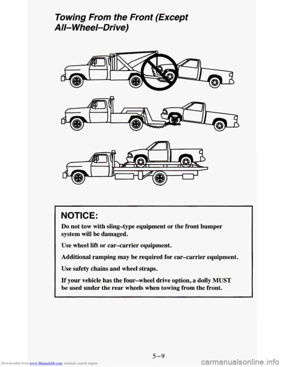 CHEVROLET BLAZER 1995 2.G Owners Manual Downloaded from www.Manualslib.com manuals search engine Towing From the  Front  (Except 
All- Wheel-Drive) 
NOTICE: 
Do not tow  with  sling-type  equipment or the  front  bumper 
system  will be  da