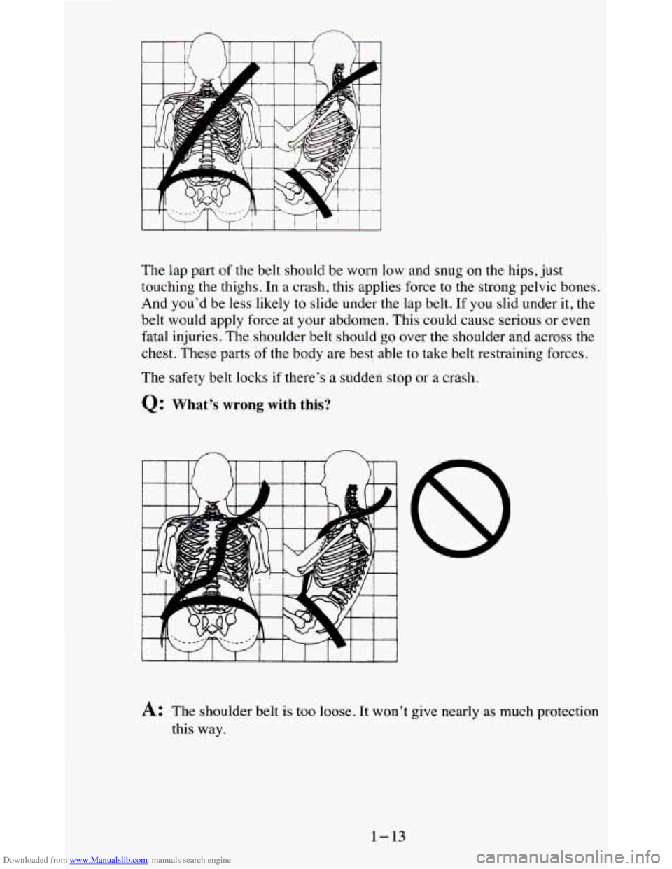 CHEVROLET BLAZER 1995 2.G Owners Manual Downloaded from www.Manualslib.com manuals search engine The lap  part of the  belt  should  be  worn  low  and  snug  on  the  hips, just 
touching  the  thighs.  In  a  crash, this  applies  force 
