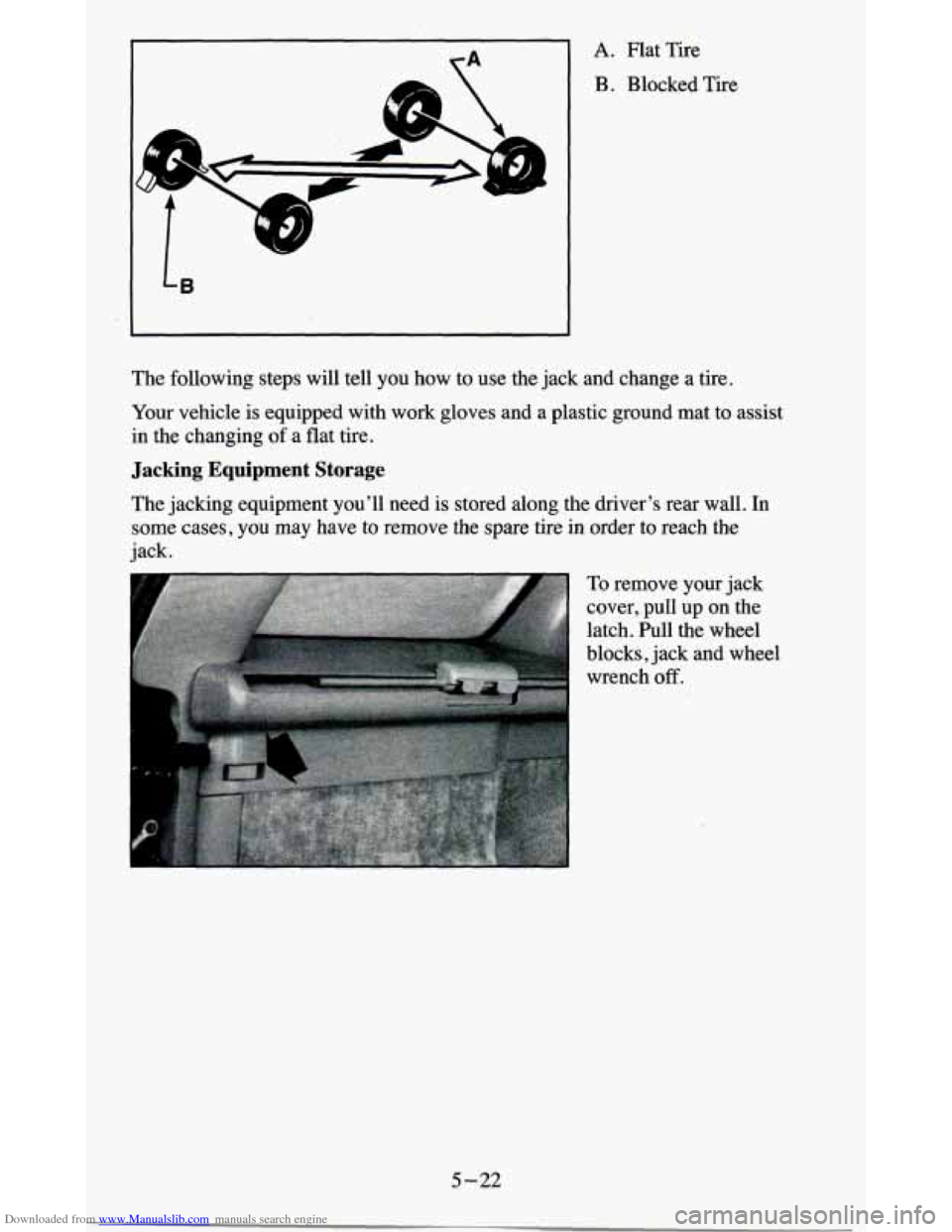 CHEVROLET BLAZER 1995 2.G Owners Manual Downloaded from www.Manualslib.com manuals search engine A. Flat  Tire 
B . Blocked  Tire 
t 
The following  steps  will  tell you  how  to  use  the jack  and  change  a tire. 
Your  vehicle  is  equ