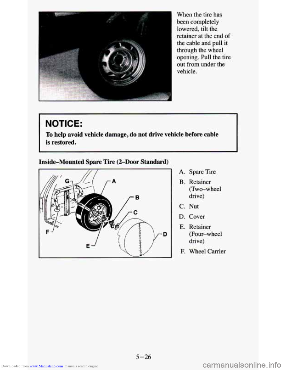 CHEVROLET BLAZER 1995 2.G Owners Manual Downloaded from www.Manualslib.com manuals search engine When  the  tire  has been  completely 
lowered,  tilt  the 
retainer  at  the  end 
of 
the  cable  and  pull  it 
through  the  wheel 
opening