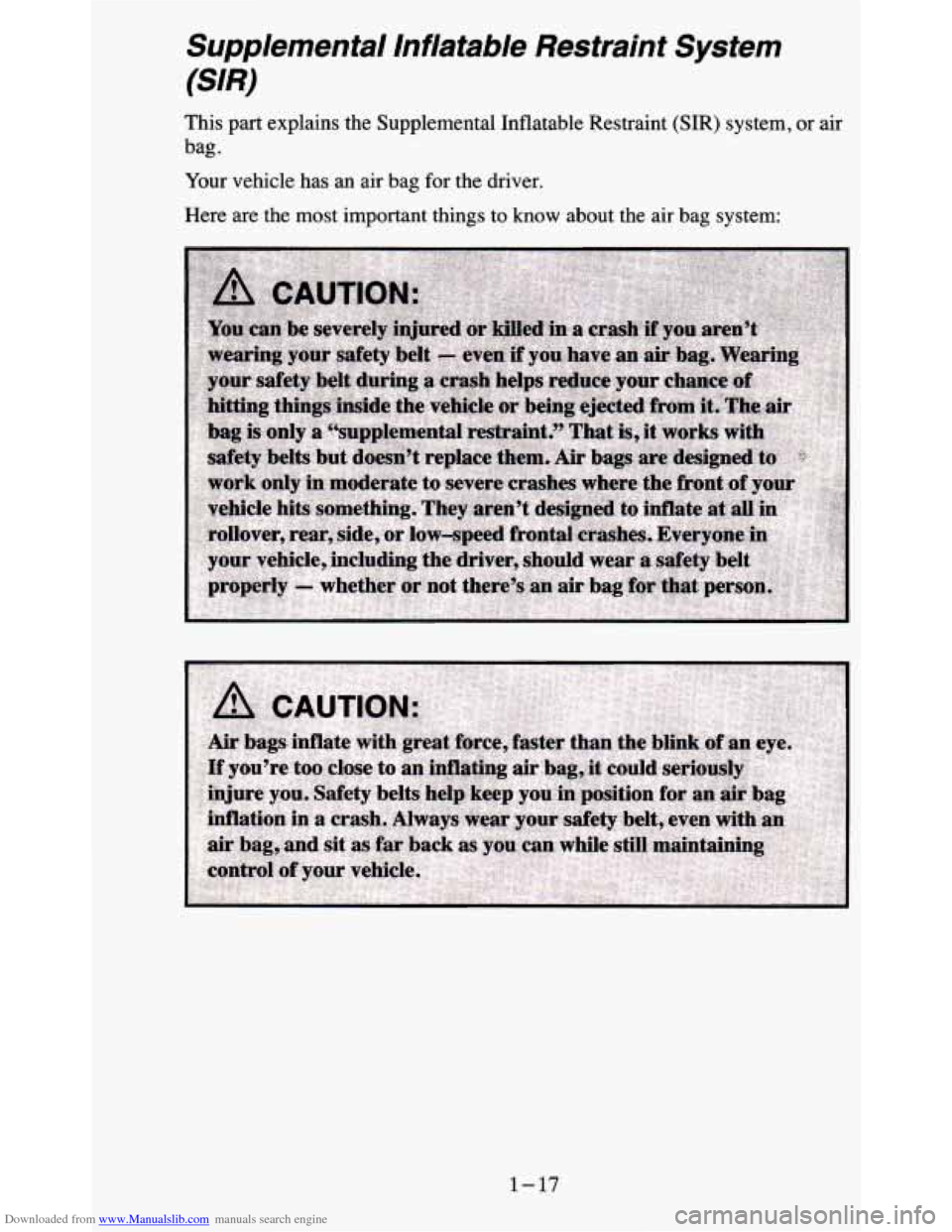 CHEVROLET BLAZER 1995 2.G Owners Manual Downloaded from www.Manualslib.com manuals search engine Supplemental  Inflatable  Restraint  System 
(SIR) 
This part explains  the  Supplemental  Inflatable  Restraint  (SIR) system, or air 
bag. 
Y
