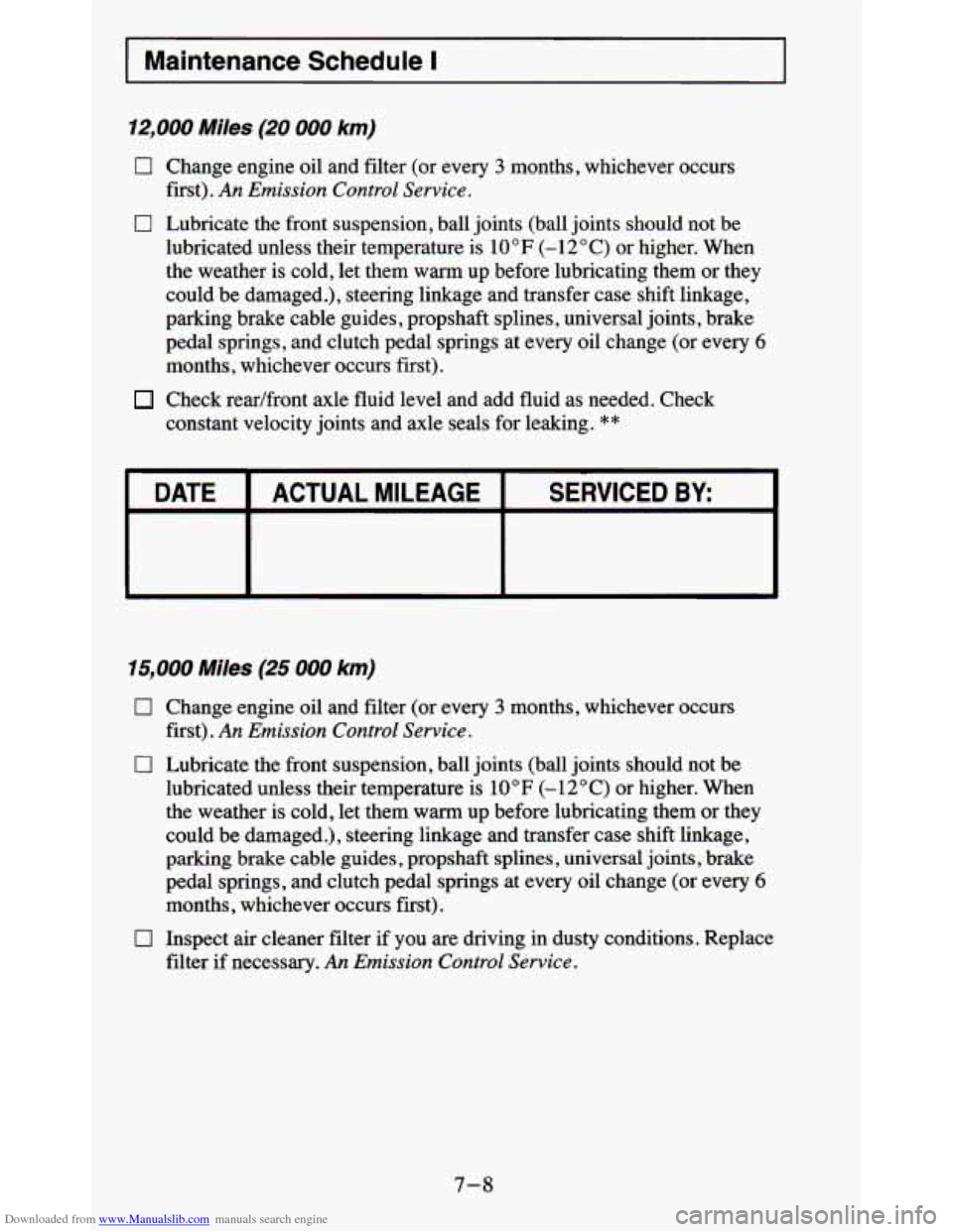 CHEVROLET BLAZER 1995 2.G Owners Manual Downloaded from www.Manualslib.com manuals search engine Maintenance Schedule I
12,000 Miles (20 000 km)
0 Change engine oil and filter (or every 3 months, whichever occurs
0 Lubricate the CHEVROLET BLAZER 1995 2.G Owners Manual Downloaded from www.Manualslib.com manuals search engine Maintenance Schedule I
12,000 Miles (20 000 km)
0 Change engine oil and filter (or every 3 months, whichever occurs
0 Lubricate the