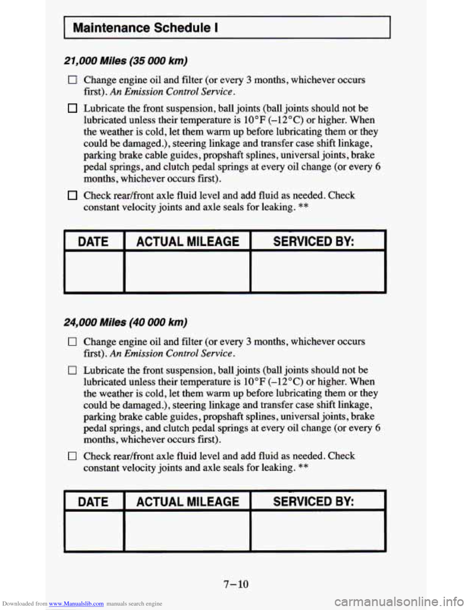 CHEVROLET BLAZER 1995 2.G Owners Manual Downloaded from www.Manualslib.com manuals search engine 1 Maintenance  Schedule I 
21,000 Miles (35 000 km) 
0 Change engine oil and  filter (or  every 3 months,  whichever  occurs 
Lubricate  the  f