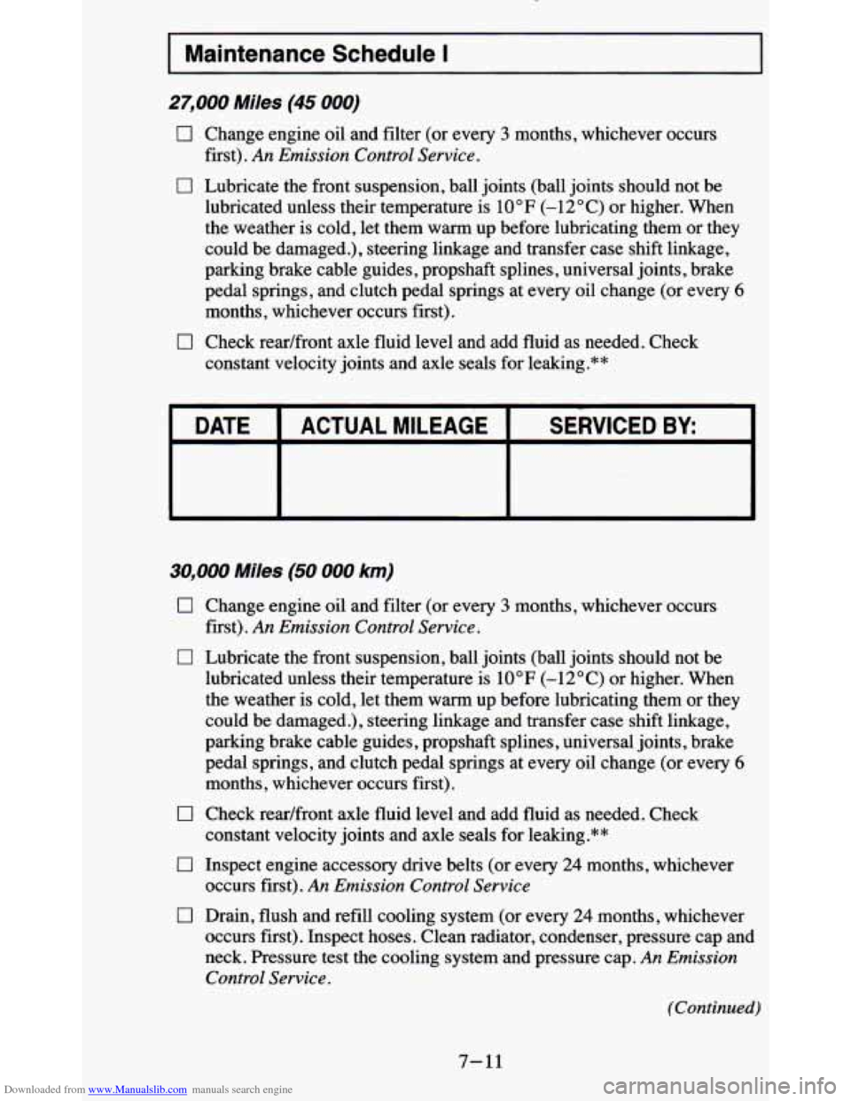 CHEVROLET BLAZER 1995 2.G Owners Manual Downloaded from www.Manualslib.com manuals search engine I Maintenance Schedule I 
27,000 Miles (45 000) 
0 
0 
0 
Change engine oil and  filter  (or  every 3 months,  whichever  occurs 
first). 
An  