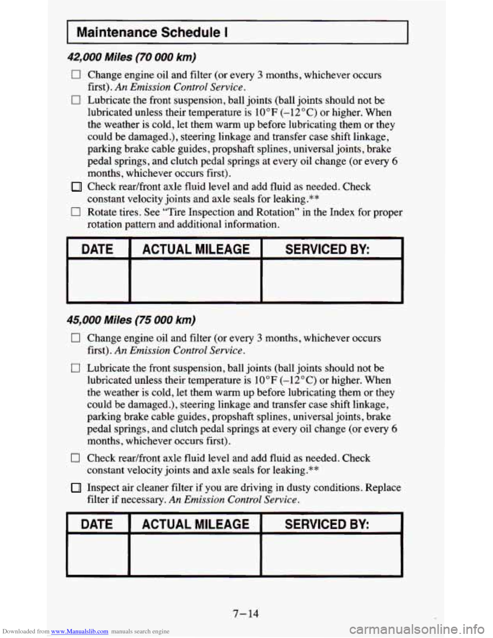 CHEVROLET BLAZER 1995 2.G Owners Manual Downloaded from www.Manualslib.com manuals search engine Maintenance  Schedule I 
42,000 Miles (70 000 km) 
0 Change engine oil  and filter (or  every 3 months,  whichever  occurs 
0 Lubricate  the  f