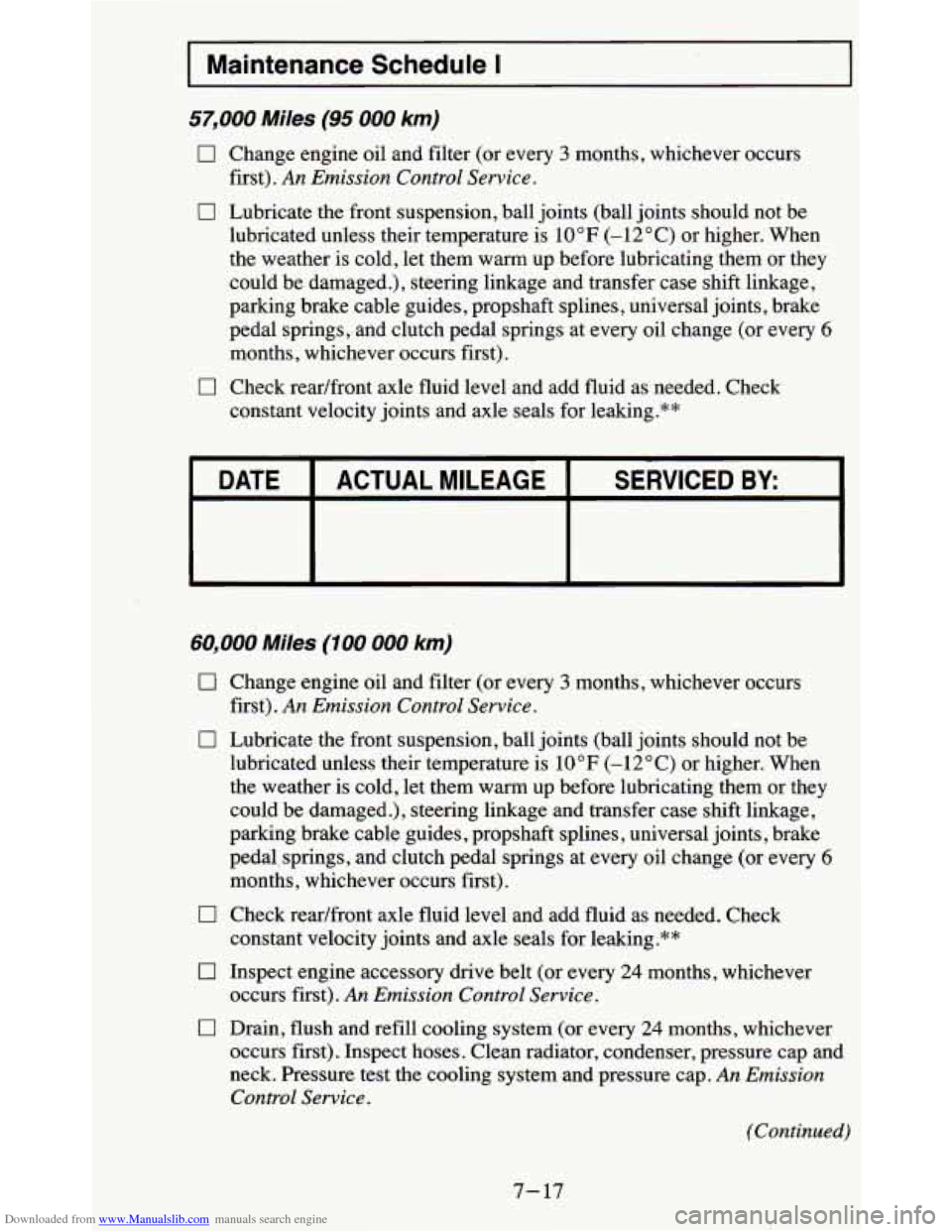CHEVROLET BLAZER 1995 2.G Owners Manual Downloaded from www.Manualslib.com manuals search engine I Maintenance  Schedule I I 
57,000 Miles (95 000 km) 
0 Change engine oil and filter (or every 3 months, whichever occurs 
0 Lubricate the fro