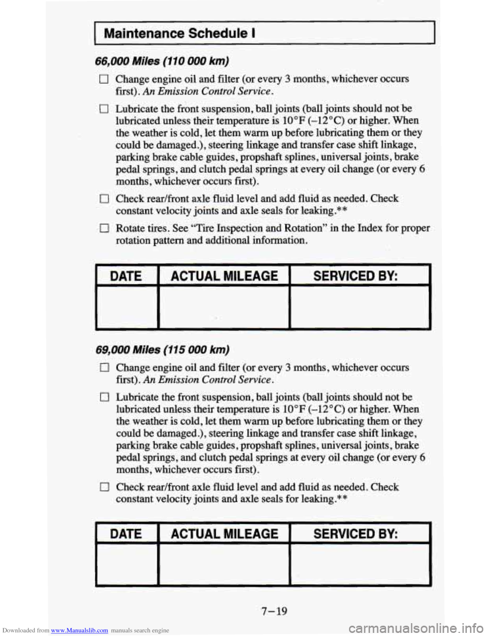 CHEVROLET BLAZER 1995 2.G Owners Manual Downloaded from www.Manualslib.com manuals search engine Maintenance Schedule I ~~
66,000 Miles (110 000 km)
0
0
0
0
Change engine oil and filter (or every 3 months, whichever occurs
first CHEVROLET BLAZER 1995 2.G Owners Manual Downloaded from www.Manualslib.com manuals search engine Maintenance Schedule I ~~
66,000 Miles (110 000 km)
0
0
0
0
Change engine oil and filter (or every 3 months, whichever occurs
first