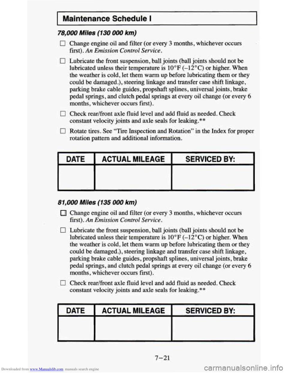 CHEVROLET BLAZER 1995 2.G Owners Manual Downloaded from www.Manualslib.com manuals search engine I Maintenance Schedule I I
78,000 Miles (130 000 km)
0
0
0
Change engine oil and filter (or every 3 months, whichever occurs
first) CHEVROLET BLAZER 1995 2.G Owners Manual Downloaded from www.Manualslib.com manuals search engine I Maintenance Schedule I I
78,000 Miles (130 000 km)
0
0
0
Change engine oil and filter (or every 3 months, whichever occurs
first)