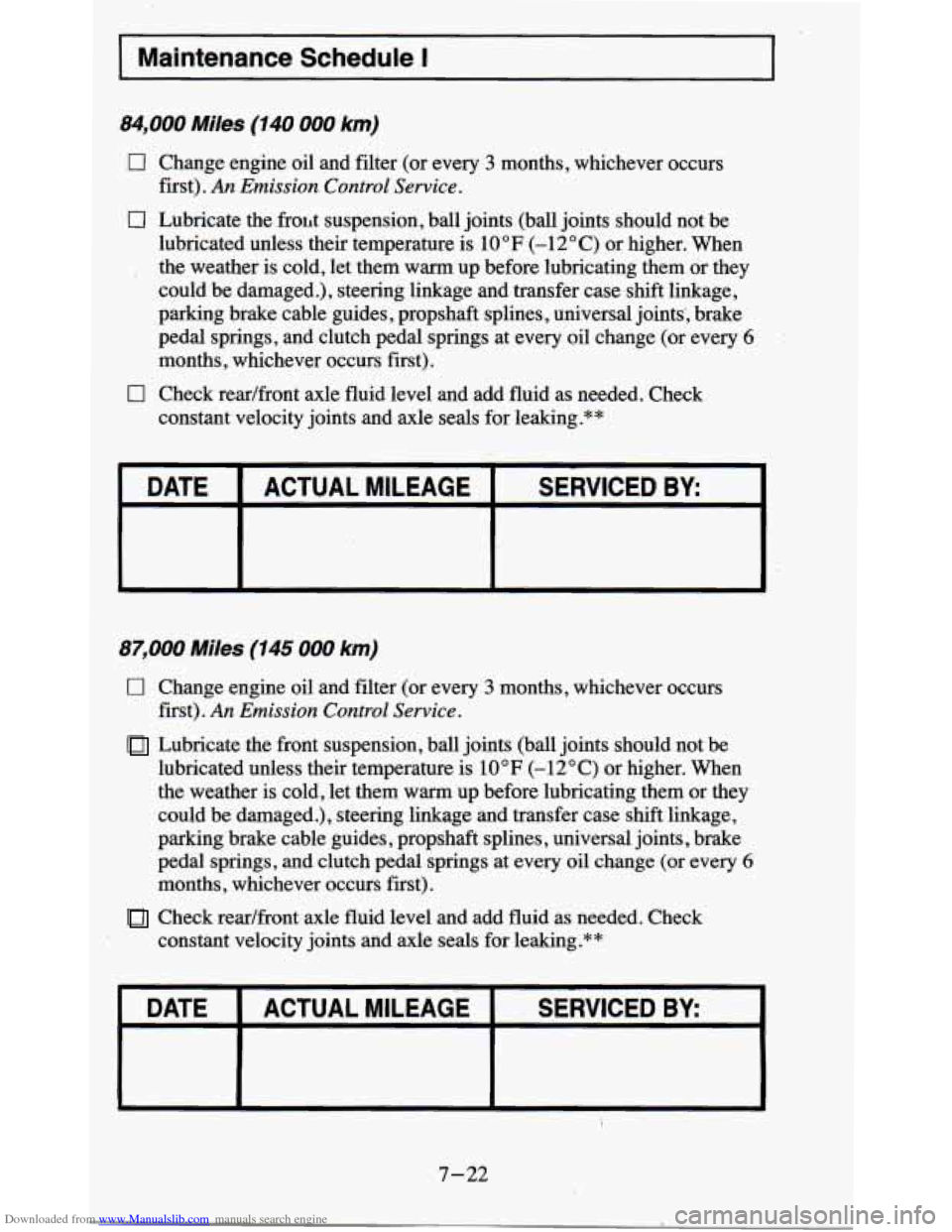 CHEVROLET BLAZER 1995 2.G Owners Manual Downloaded from www.Manualslib.com manuals search engine I Maintenance Schedule I
84,000 Miles (140 000 km)
0 Change engine oil and filter (or every 3 months, whichever occurs
first).
An Em CHEVROLET BLAZER 1995 2.G Owners Manual Downloaded from www.Manualslib.com manuals search engine I Maintenance Schedule I
84,000 Miles (140 000 km)
0 Change engine oil and filter (or every 3 months, whichever occurs
first).
An Em