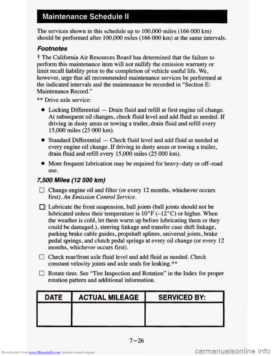 CHEVROLET BLAZER 1995 2.G Owners Manual Downloaded from www.Manualslib.com manuals search engine The services shown in this schedule up to 100,000 miles (166 000 km)
should be performed after 100,000 miles (166 000 km) at the CHEVROLET BLAZER 1995 2.G Owners Manual Downloaded from www.Manualslib.com manuals search engine The services shown in this schedule up to 100,000 miles (166 000 km)
should be performed after 100,000 miles (166 000 km) at the