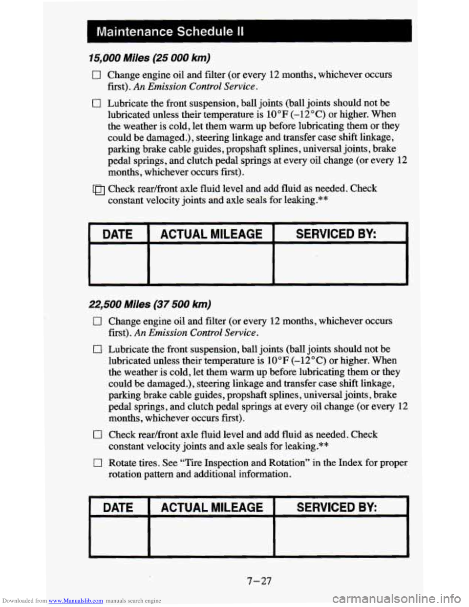 CHEVROLET BLAZER 1995 2.G Owners Manual Downloaded from www.Manualslib.com manuals search engine I Maintenance Schedule II
15,000 Miles (25 000 km)
0 Change engine oil and filter (or every 12 months, whichever occurs
fit).
An Em CHEVROLET BLAZER 1995 2.G Owners Manual Downloaded from www.Manualslib.com manuals search engine I Maintenance Schedule II
15,000 Miles (25 000 km)
0 Change engine oil and filter (or every 12 months, whichever occurs
fit).
An Em