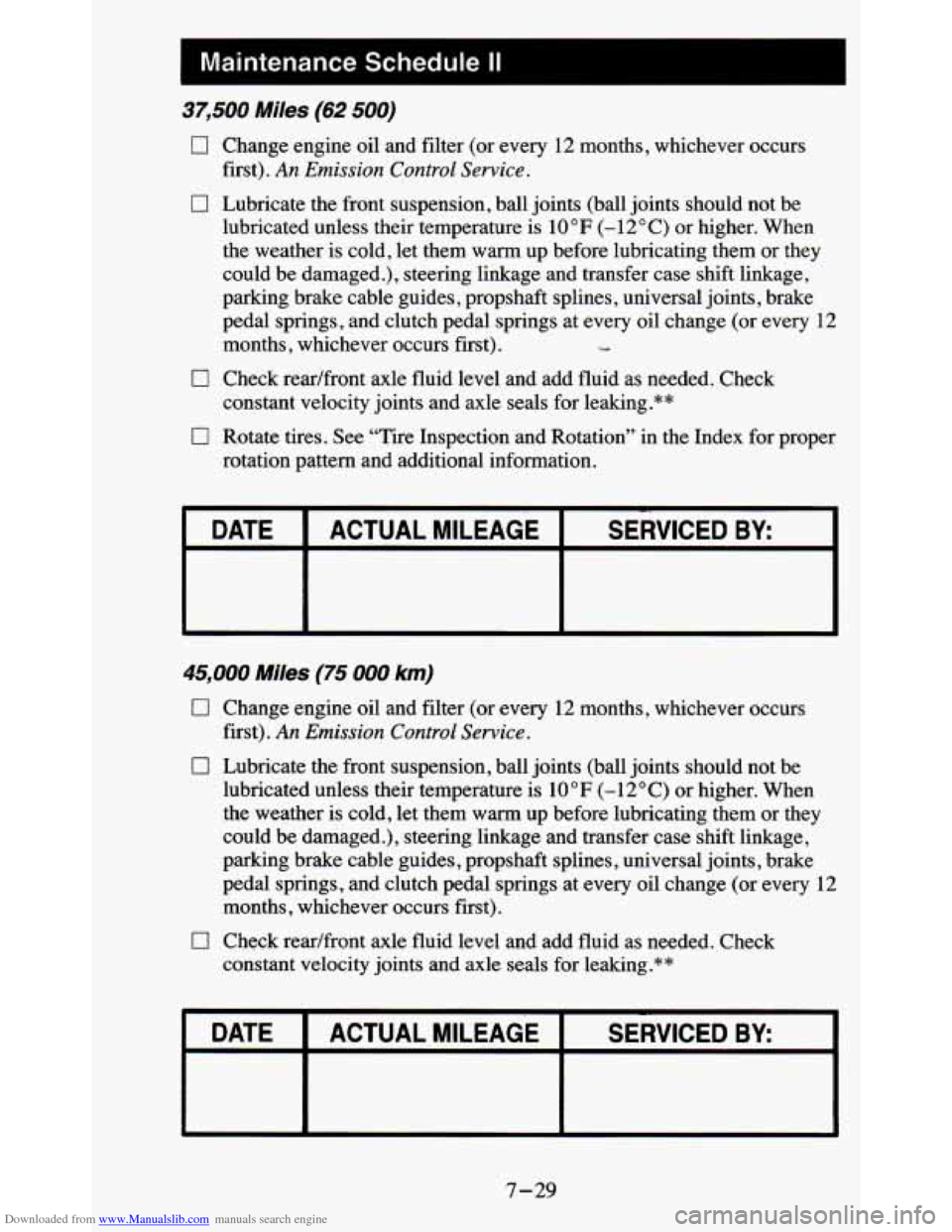 CHEVROLET BLAZER 1995 2.G Owners Manual Downloaded from www.Manualslib.com manuals search engine 37,500 Miles (62 500)
0 Change engine oil and filter (or every 12 months, whichever occurs
first).
An Emission Control Service.
0 Lub CHEVROLET BLAZER 1995 2.G Owners Manual Downloaded from www.Manualslib.com manuals search engine 37,500 Miles (62 500)
0 Change engine oil and filter (or every 12 months, whichever occurs
first).
An Emission Control Service.
0 Lub