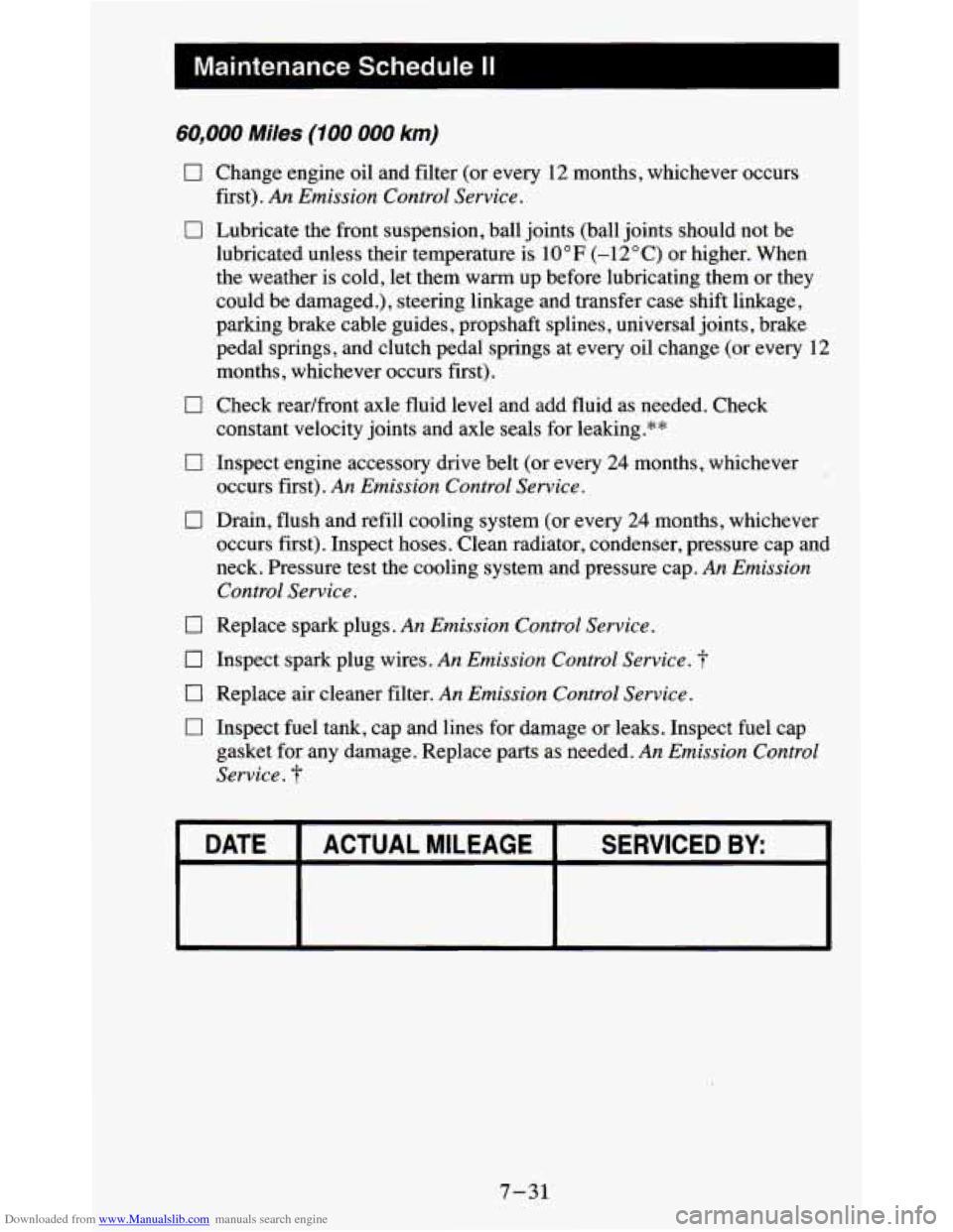 CHEVROLET BLAZER 1995 2.G Owners Manual Downloaded from www.Manualslib.com manuals search engine Maintenance Schedule II
60.000 Miles (100 000 km)
U Change engine oil and filter (or every 12 months, whichever occurs
0 Lubricate the fr CHEVROLET BLAZER 1995 2.G Owners Manual Downloaded from www.Manualslib.com manuals search engine Maintenance Schedule II
60.000 Miles (100 000 km)
U Change engine oil and filter (or every 12 months, whichever occurs
0 Lubricate the fr