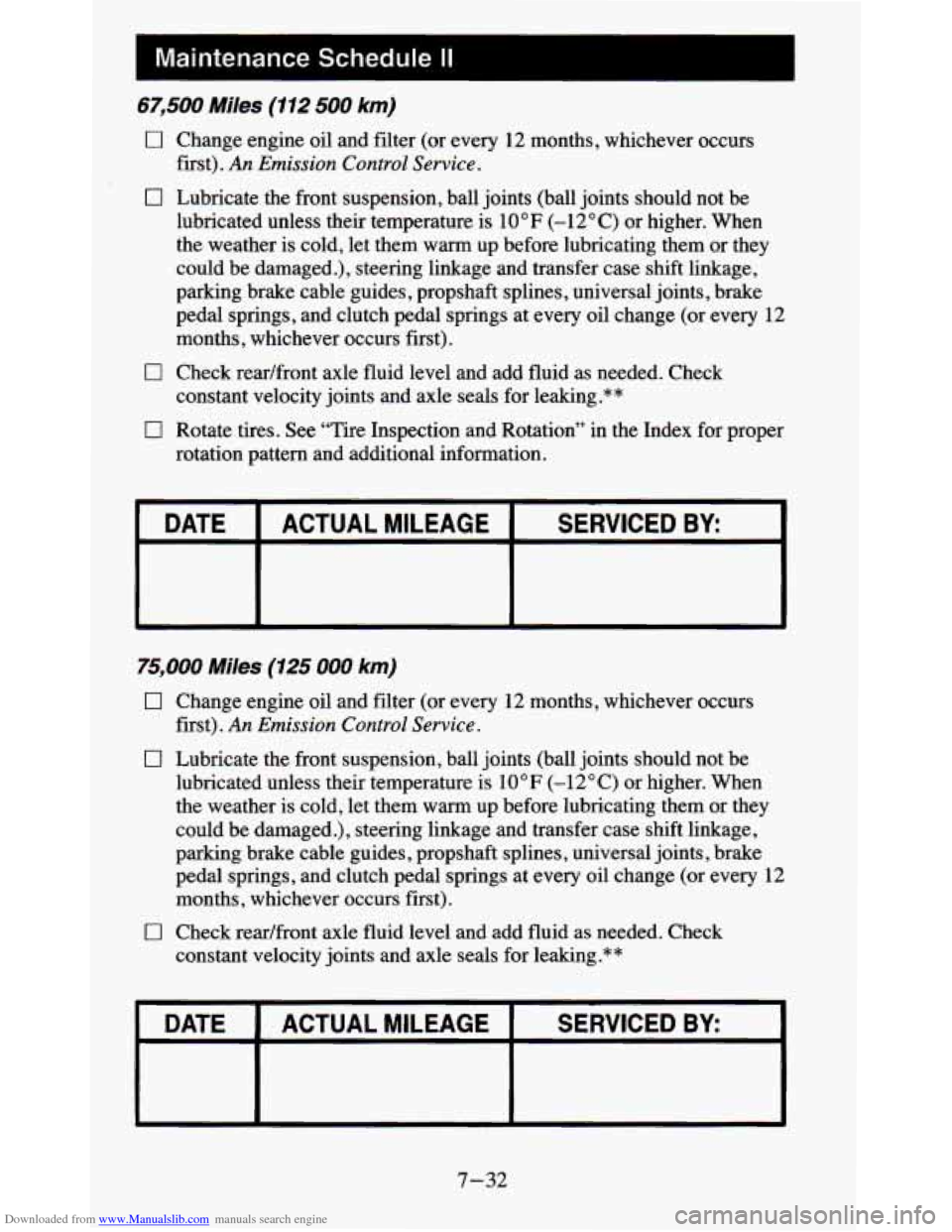CHEVROLET BLAZER 1995 2.G Owners Manual Downloaded from www.Manualslib.com manuals search engine 67,500 Miles (112 500 km)
0 Change engine oil and filter (or every 12 months, whichever occurs
first).
An Emission Control Service.
0 CHEVROLET BLAZER 1995 2.G Owners Manual Downloaded from www.Manualslib.com manuals search engine 67,500 Miles (112 500 km)
0 Change engine oil and filter (or every 12 months, whichever occurs
first).
An Emission Control Service.
0
