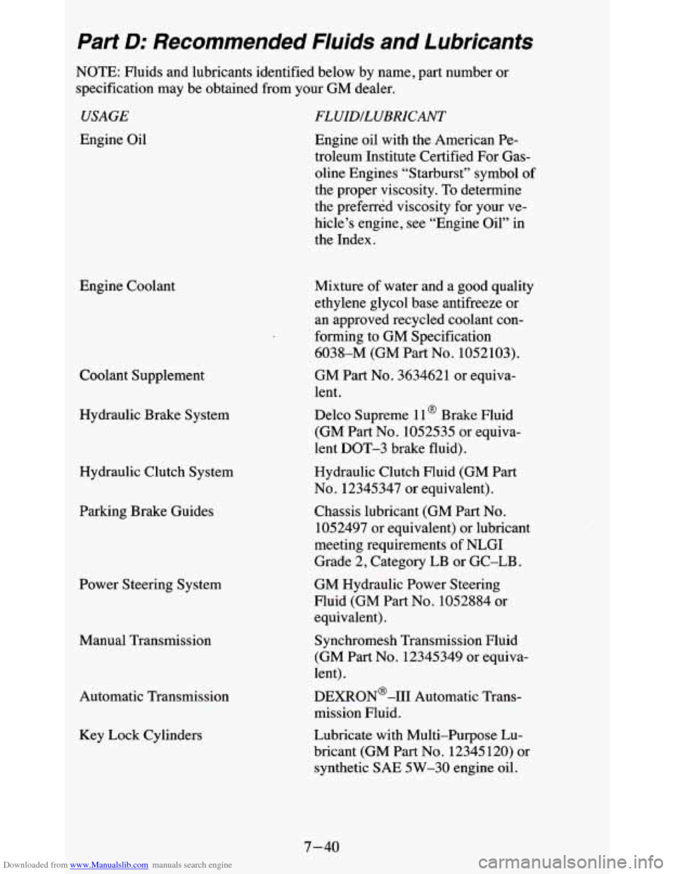 CHEVROLET BLAZER 1995 2.G Owners Manual Downloaded from www.Manualslib.com manuals search engine Part D: Recommended Fluids and Lubricants
NOTE: Fluids and lubricants identified below by name, part number or
specification may b CHEVROLET BLAZER 1995 2.G Owners Manual Downloaded from www.Manualslib.com manuals search engine Part D: Recommended Fluids and Lubricants
NOTE: Fluids and lubricants identified below by name, part number or
specification may b