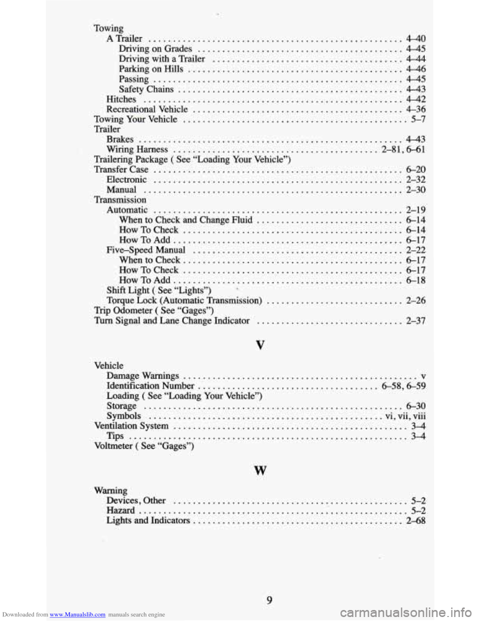 CHEVROLET BLAZER 1995 2.G Owners Manual Downloaded from www.Manualslib.com manuals search engine Towing ATrailer
.................................................... 4-40
Driving on Grades .......................................... 4-45
CHEVROLET BLAZER 1995 2.G Owners Manual Downloaded from www.Manualslib.com manuals search engine Towing ATrailer
.................................................... 4-40
Driving on Grades .......................................... 4-45