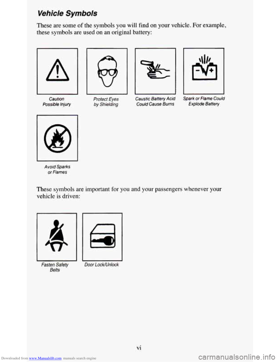 CHEVROLET BLAZER 1995 2.G Owners Manual Downloaded from www.Manualslib.com manuals search engine Vehicle Symbols 
These are some of the  symbols you will  find  on  your  vehicle.  For  example, 
these  symbols  are  used  on  an  original 