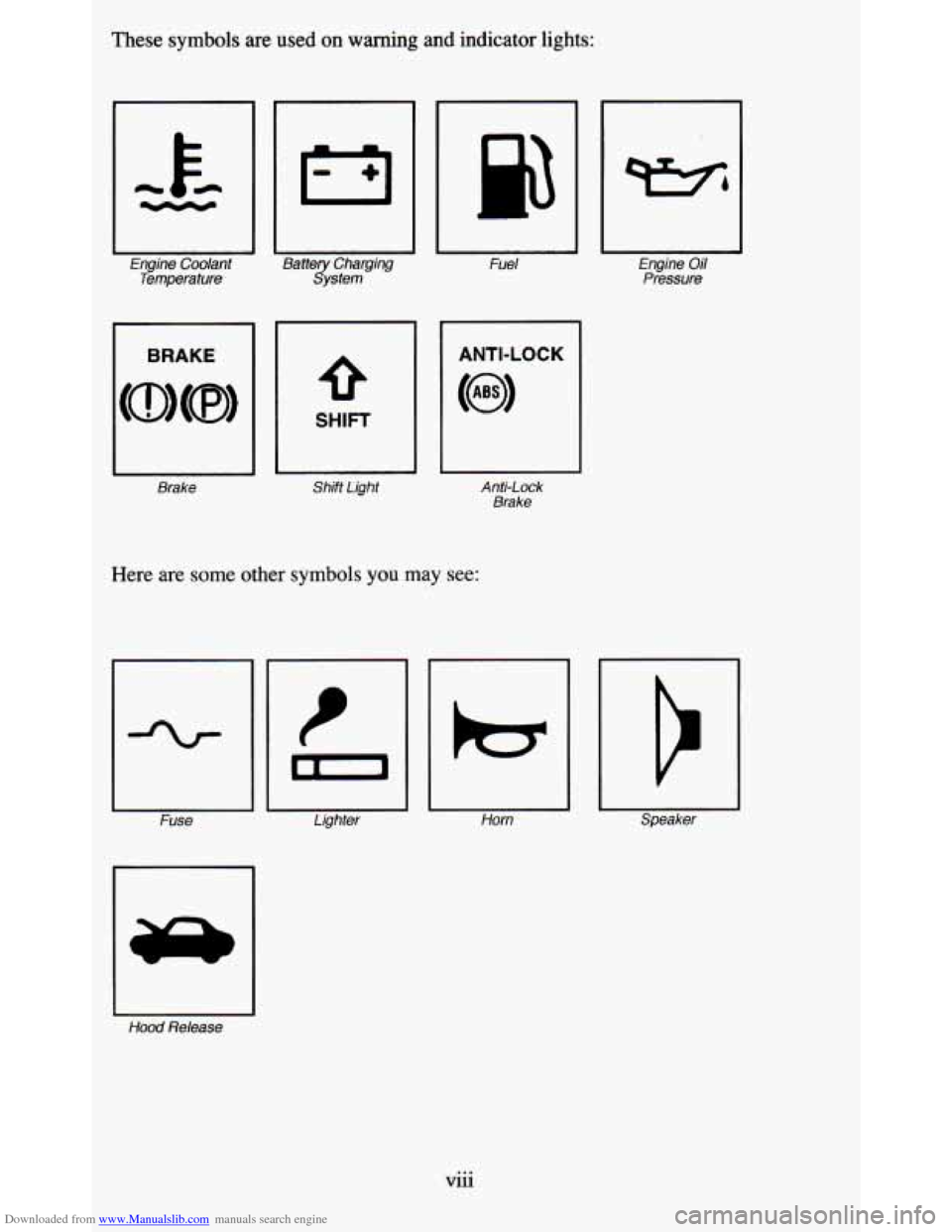 CHEVROLET BLAZER 1995 2.G Owners Manual Downloaded from www.Manualslib.com manuals search engine These symbols are used on warning and indicator lights:
Engine Coolant
Temperature
I BRAKE
Brake
Battery Charging
System
1
Fuel
S CHEVROLET BLAZER 1995 2.G Owners Manual Downloaded from www.Manualslib.com manuals search engine These symbols are used on warning and indicator lights:
Engine Coolant
Temperature
I BRAKE
Brake
Battery Charging
System
1
Fuel
S