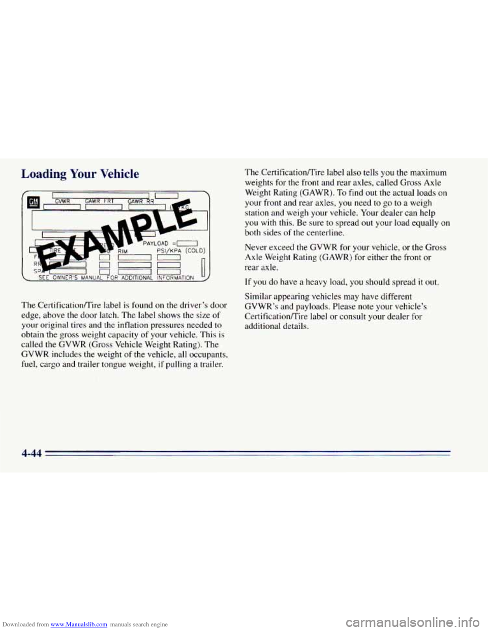CHEVROLET BLAZER 1996 2.G Owners Manual Downloaded from www.Manualslib.com manuals search engine Loading Your Vehicle
I *
‘GVWR VR F I
PAYLOAD =-I
PSI/KPA (COL
n
SEE OWNER’S MANUAL FOR ADDITIONAL INFORMATION I U
The Certificatio CHEVROLET BLAZER 1996 2.G Owners Manual Downloaded from www.Manualslib.com manuals search engine Loading Your Vehicle
I *
‘GVWR VR F I
PAYLOAD =-I
PSI/KPA (COL
n
SEE OWNER’S MANUAL FOR ADDITIONAL INFORMATION I U
The Certificatio