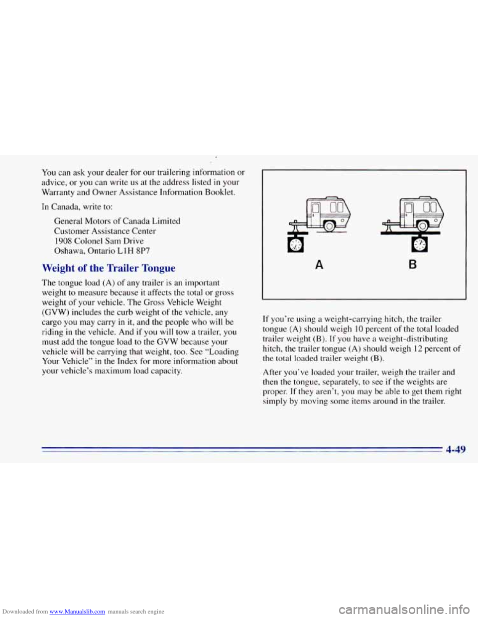 CHEVROLET BLAZER 1996 2.G Owners Manual Downloaded from www.Manualslib.com manuals search engine You can ask your dealer for our trailering information or
advice, or
you can write us at the address listed in your
Warranty and Ow CHEVROLET BLAZER 1996 2.G Owners Manual Downloaded from www.Manualslib.com manuals search engine You can ask your dealer for our trailering information or
advice, or
you can write us at the address listed in your
Warranty and Ow