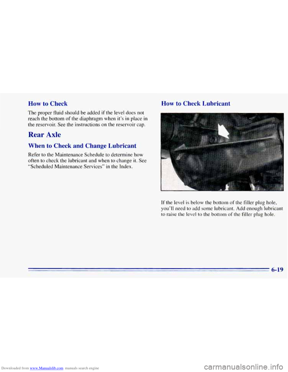 CHEVROLET BLAZER 1996 2.G Owners Manual Downloaded from www.Manualslib.com manuals search engine How to Check 
The  proper fluid should  be  added if the  level  does not 
reach  the  bottom 
of the diaphragm  when it’s in place in 
the r