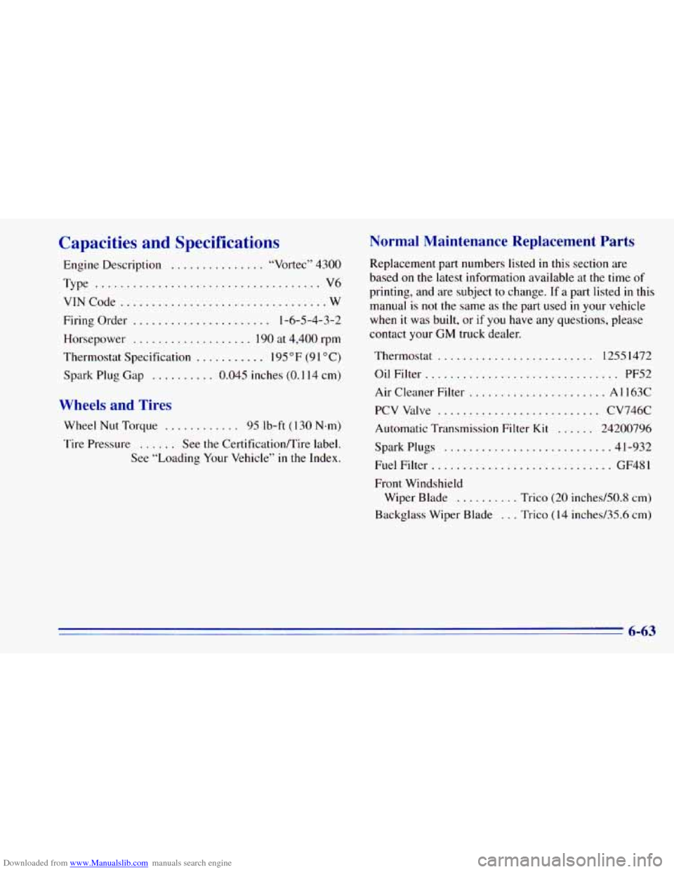 CHEVROLET BLAZER 1996 2.G Owners Manual Downloaded from www.Manualslib.com manuals search engine Capacities and Specifications
Engine Description ............... “Vortec” 4300
Type
.................................... V6
VINCode
CHEVROLET BLAZER 1996 2.G Owners Manual Downloaded from www.Manualslib.com manuals search engine Capacities and Specifications
Engine Description ............... “Vortec” 4300
Type
.................................... V6
VINCode