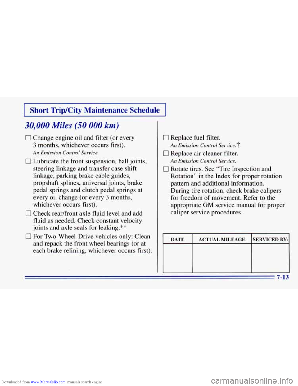 CHEVROLET BLAZER 1996 2.G Owners Manual Downloaded from www.Manualslib.com manuals search engine 30,000 Miles (50 000 km)
0 Change engine oil and filter (or every
3 months, whichever occurs first).
An Emission Control Service.
0 Lubr CHEVROLET BLAZER 1996 2.G Owners Manual Downloaded from www.Manualslib.com manuals search engine 30,000 Miles (50 000 km)
0 Change engine oil and filter (or every
3 months, whichever occurs first).
An Emission Control Service.
0 Lubr